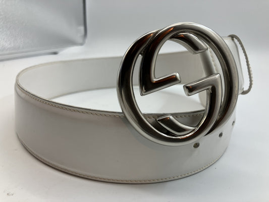 GUCCI Interlocking Leather 037 194 0979 White Belt Total Length 88cm (34.65 inch) Width 4.5cm (1.77 inch) Free Shipping 