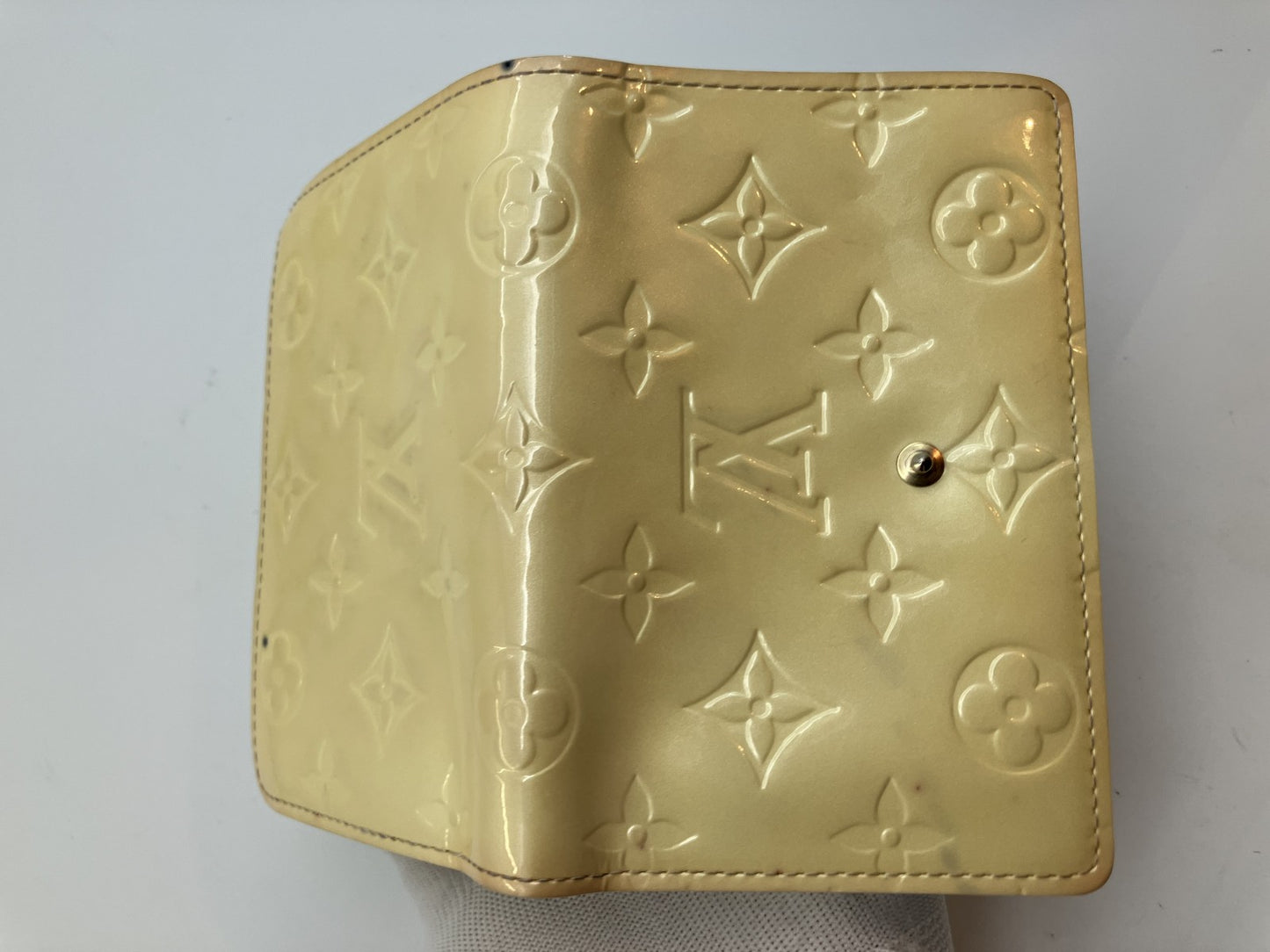 Louis Vuitton Vernis Compact Purse Wallet M10055 Monogram Embossed Beige Authentic Serial Engraved Box and Bag Included 5% Follow-up