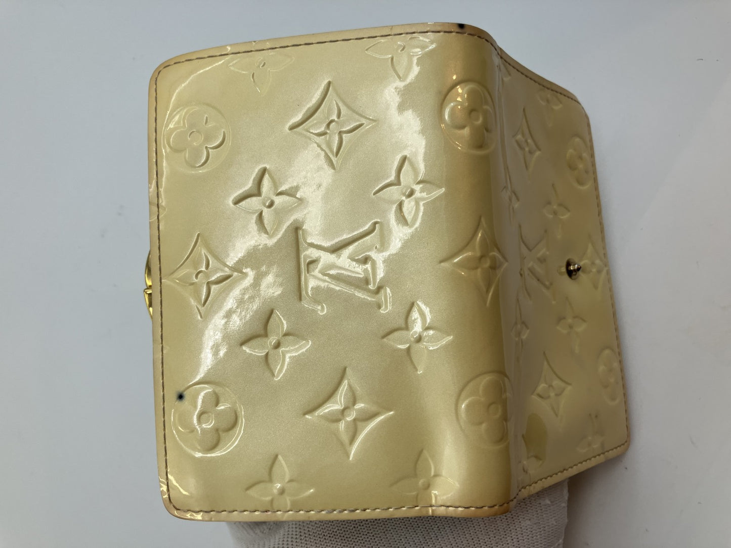 Louis Vuitton Vernis Compact Purse Wallet M10055 Monogram Embossed Beige Authentic Serial Engraved Box and Bag Included 5% Follow-up