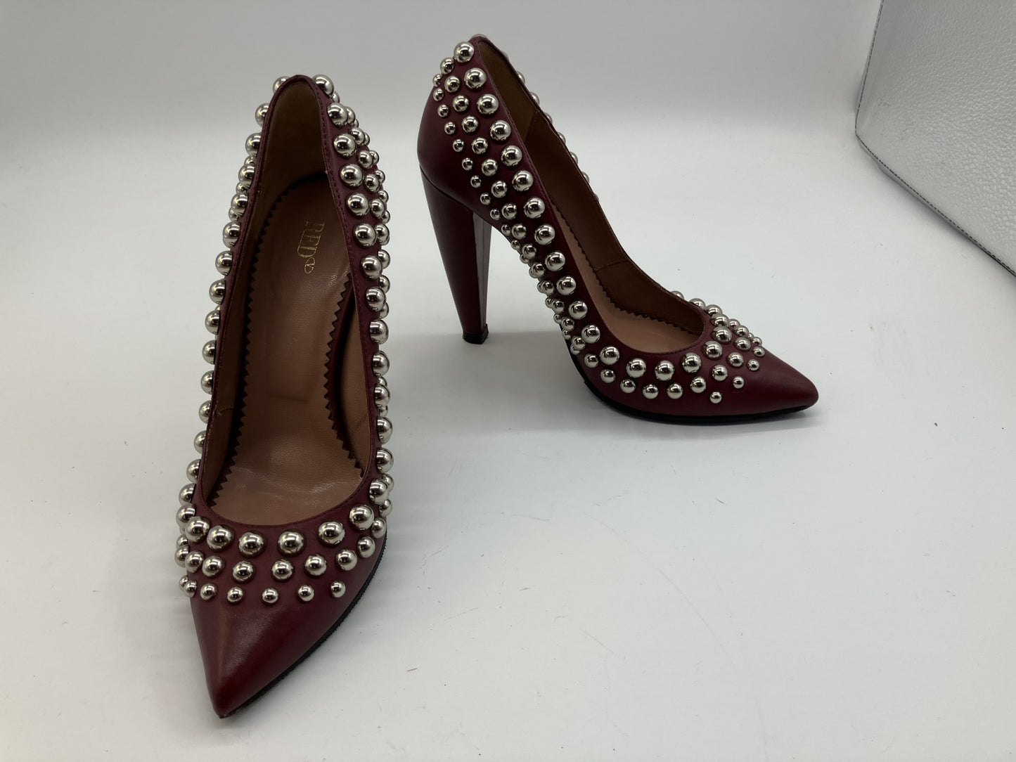 RED VALENTINO Studded Leather Pumps Burgundy Pointed Toe Heels EU35 US5 Italy