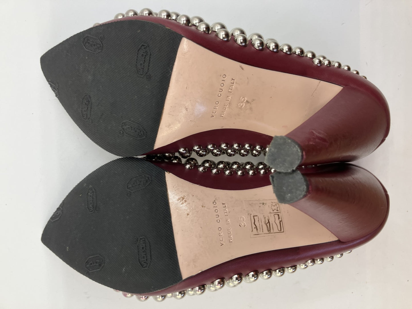 RED VALENTINO Studded Leather Pumps Burgundy Pointed Toe Heels EU35 US5 Italy