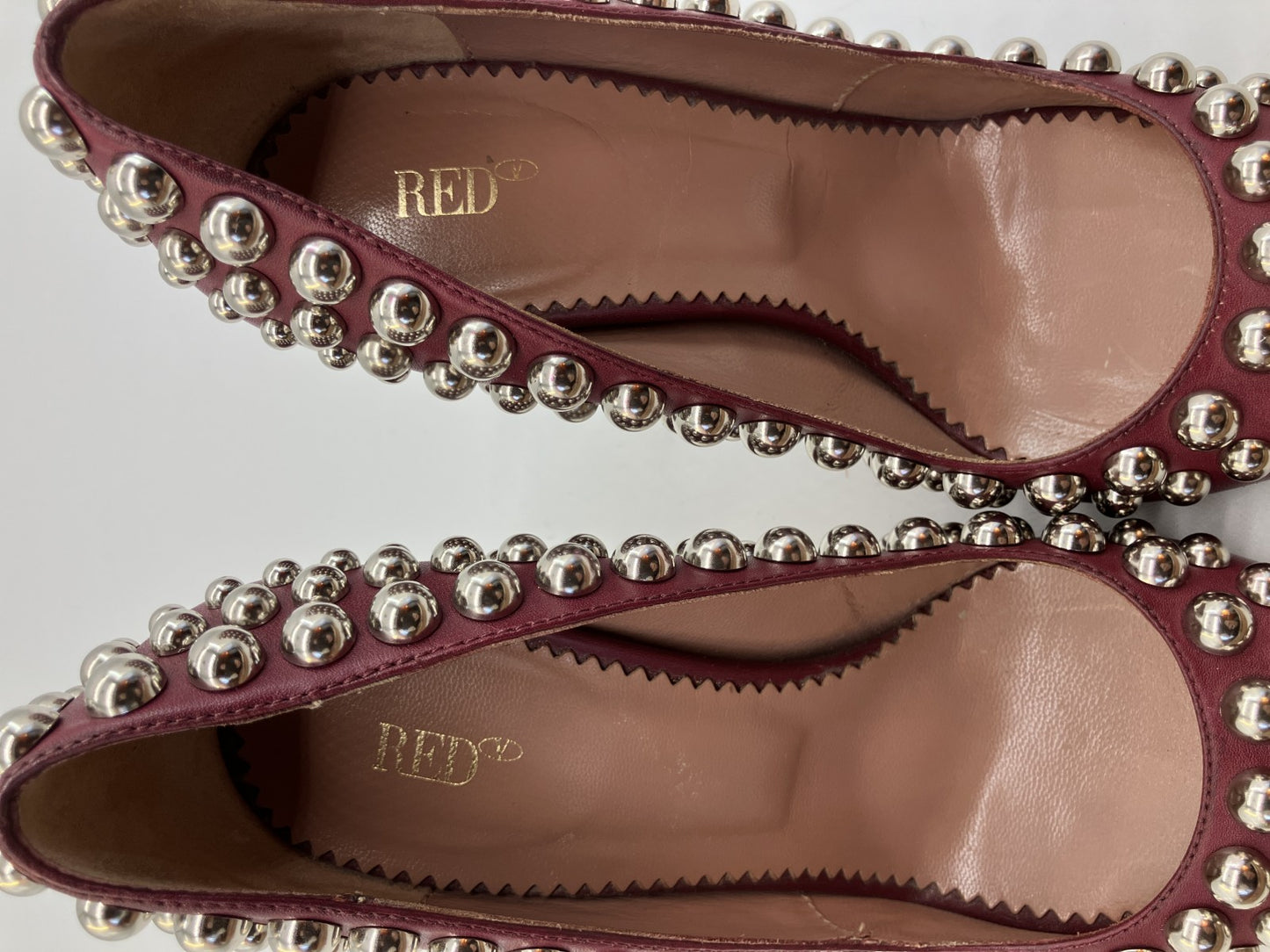 RED VALENTINO Studded Leather Pumps Burgundy Pointed Toe Heels EU35 US5 Italy