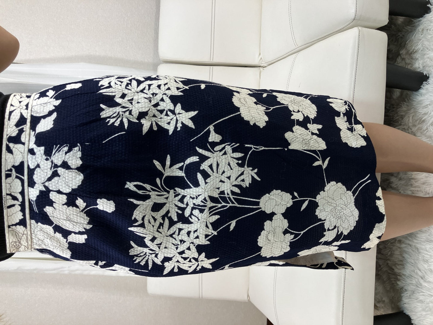 LEONARD Floral Tight Skirt Navy Ivory Cotton Japan Women Size 67-93