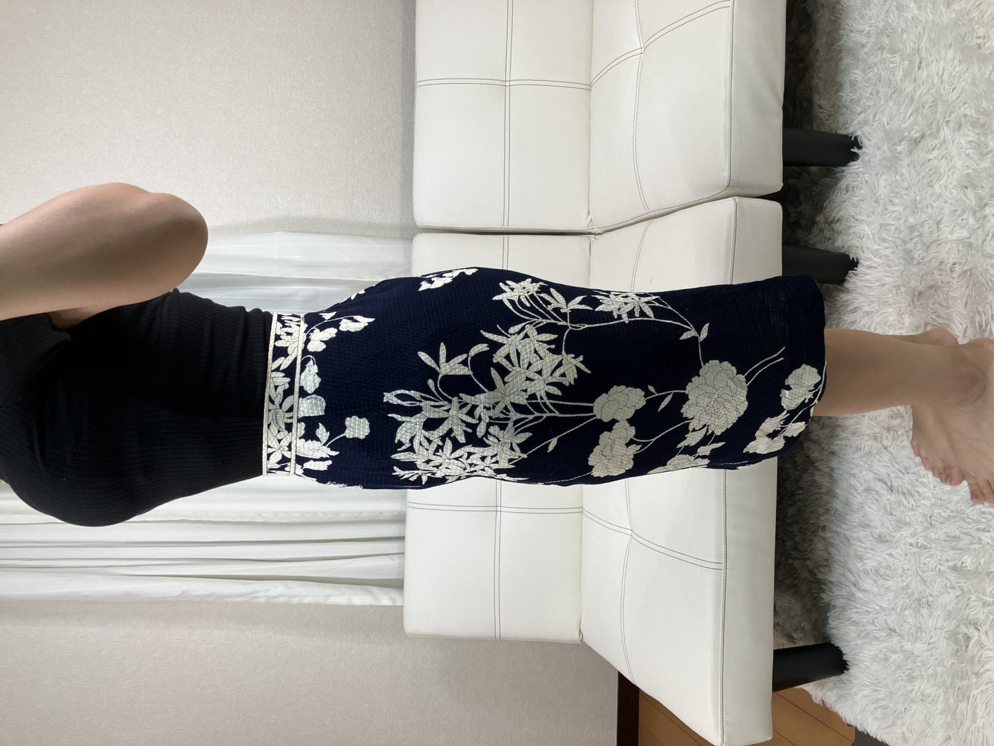 LEONARD Floral Tight Skirt Navy Ivory Cotton Japan Women Size 67-93