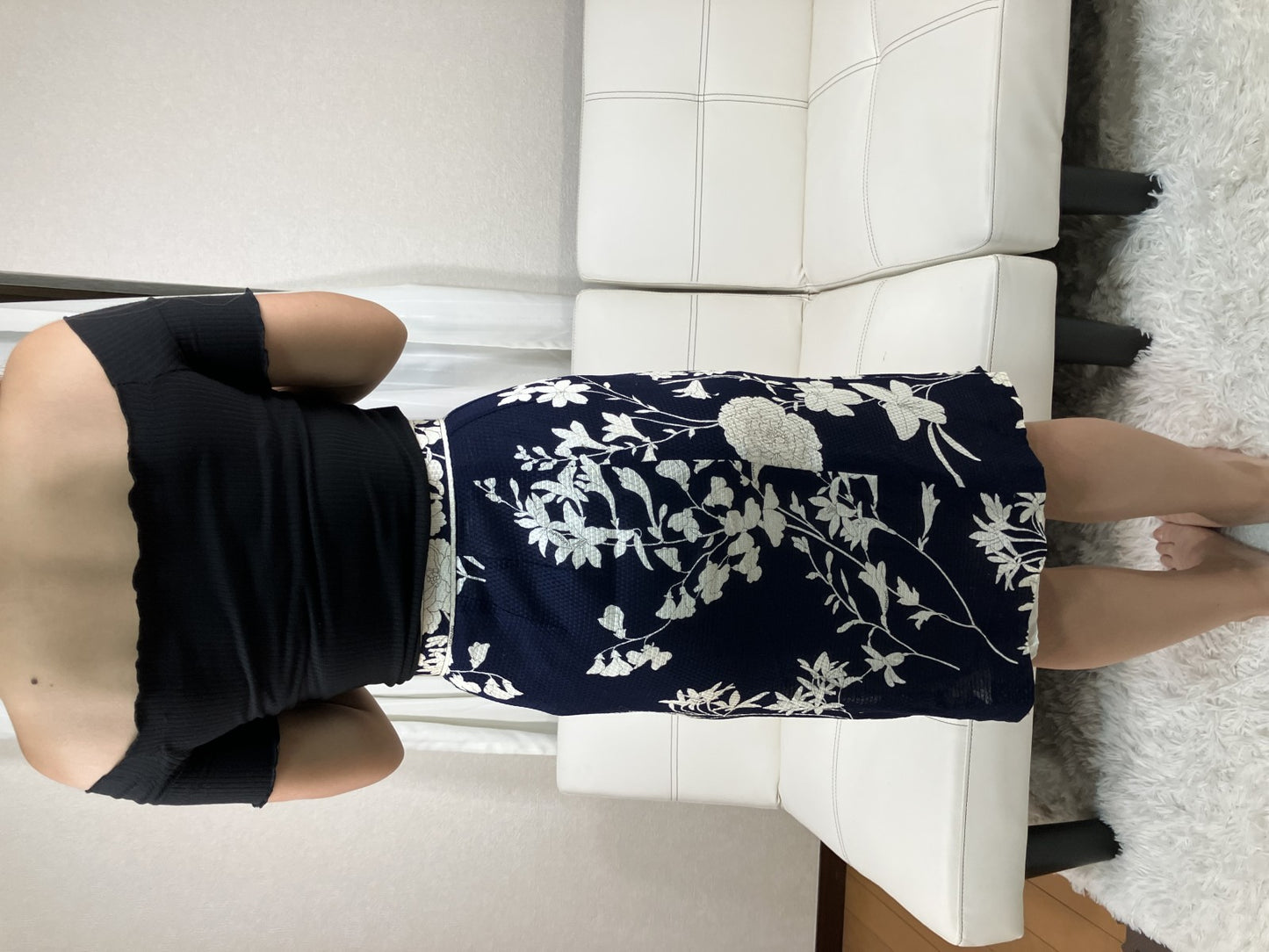 LEONARD Floral Tight Skirt Navy Ivory Cotton Japan Women Size 67-93