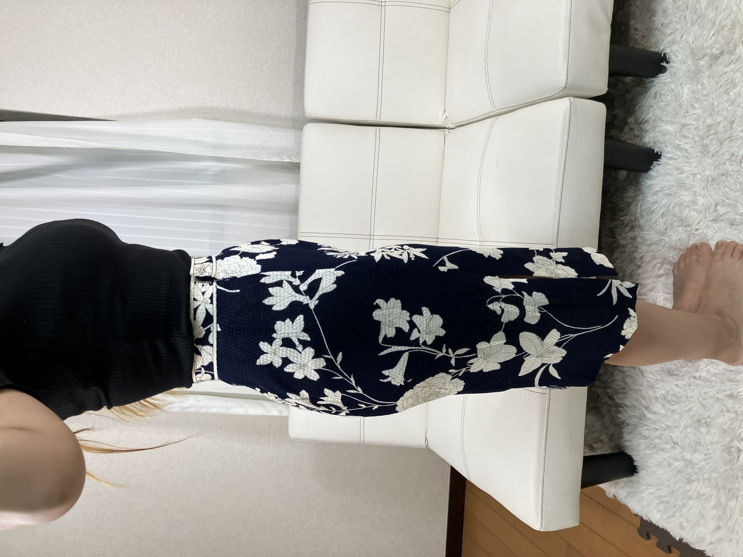 LEONARD Floral Tight Skirt Navy Ivory Cotton Japan Women Size 67-93