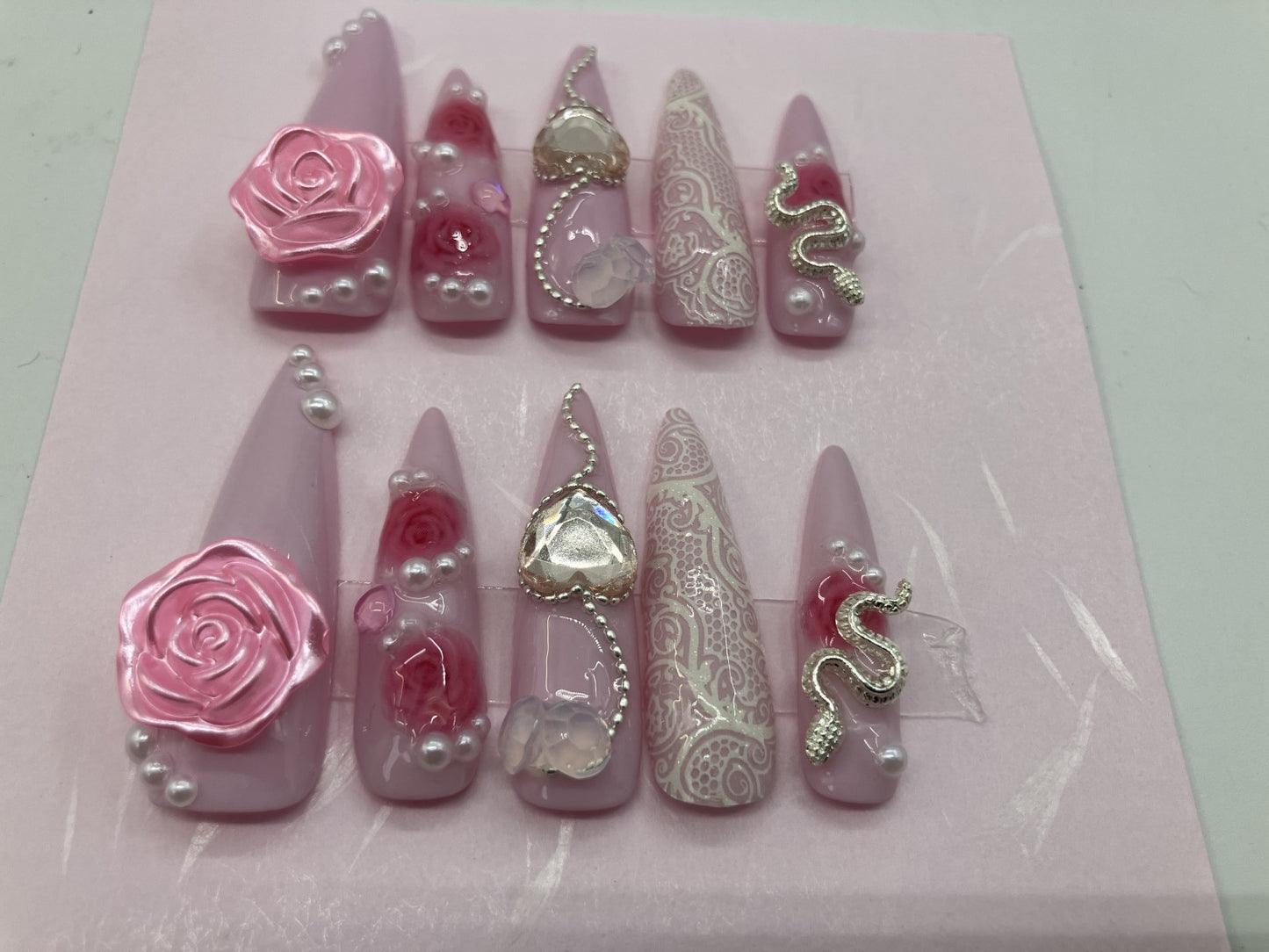Original Design Japanese Handmade Pink Rose Heart Pearl Press On Nails Long Stiletto Gothic Kawaii Everyday Wear Nail Tips