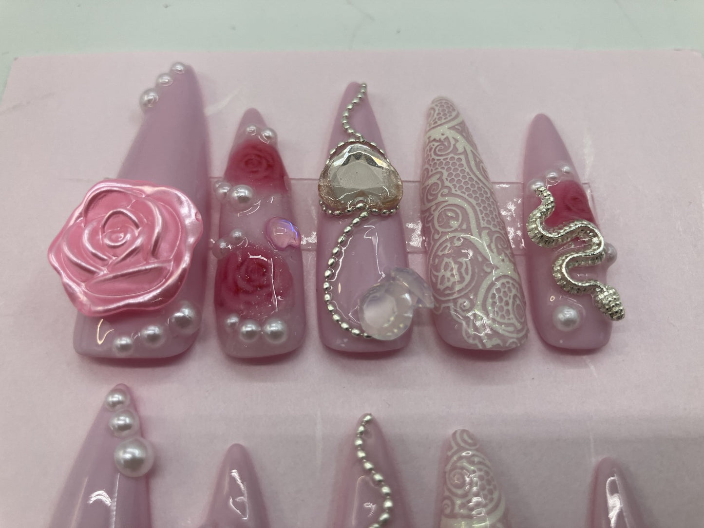 Original Design Japanese Handmade Pink Rose Heart Pearl Press On Nails Long Stiletto Gothic Kawaii Everyday Wear Nail Tips