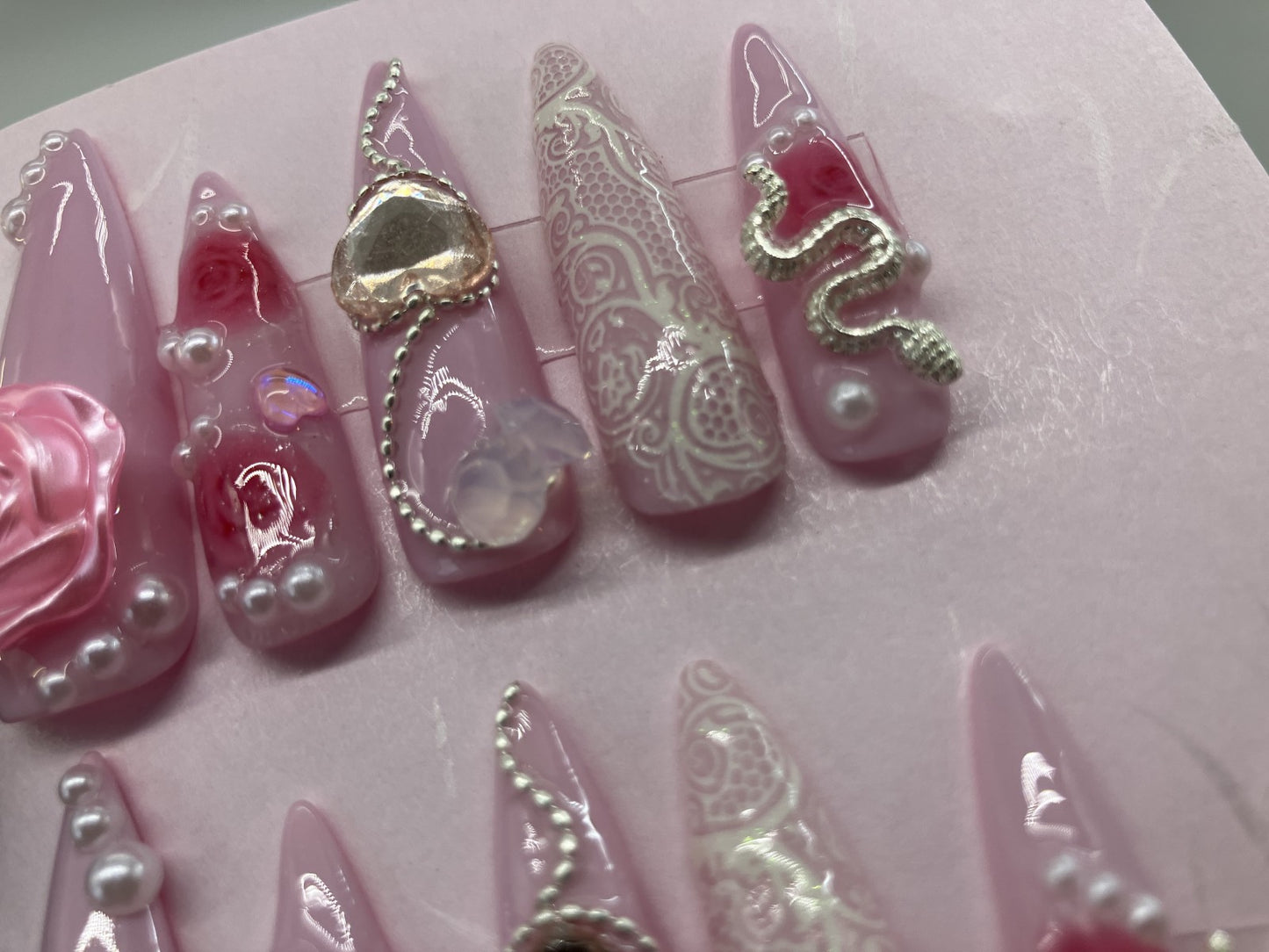 Original Design Japanese Handmade Pink Rose Heart Pearl Press On Nails Long Stiletto Gothic Kawaii Everyday Wear Nail Tips