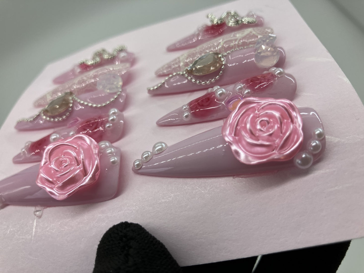Original Design Japanese Handmade Pink Rose Heart Pearl Press On Nails Long Stiletto Gothic Kawaii Everyday Wear Nail Tips