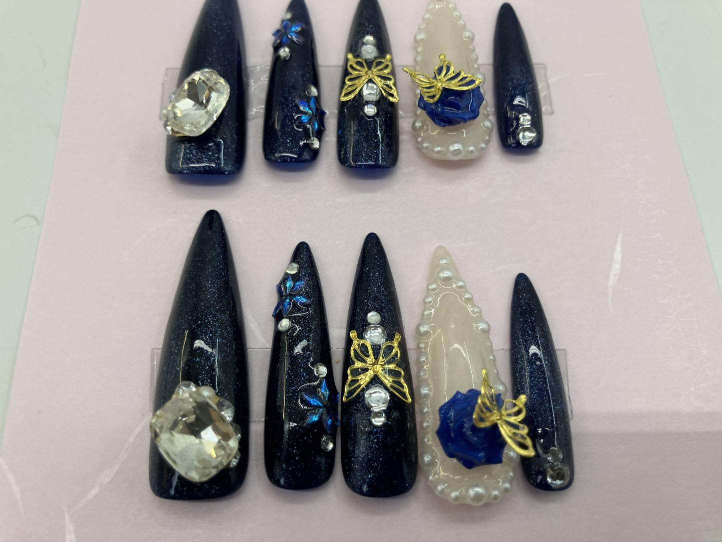Original Design Japanese Handmade Navy Blue Glitter Gothic Butterfly Rose Press On Nails Long Stiletto 3D Pearl Rhinestone Luxury Nail Tips