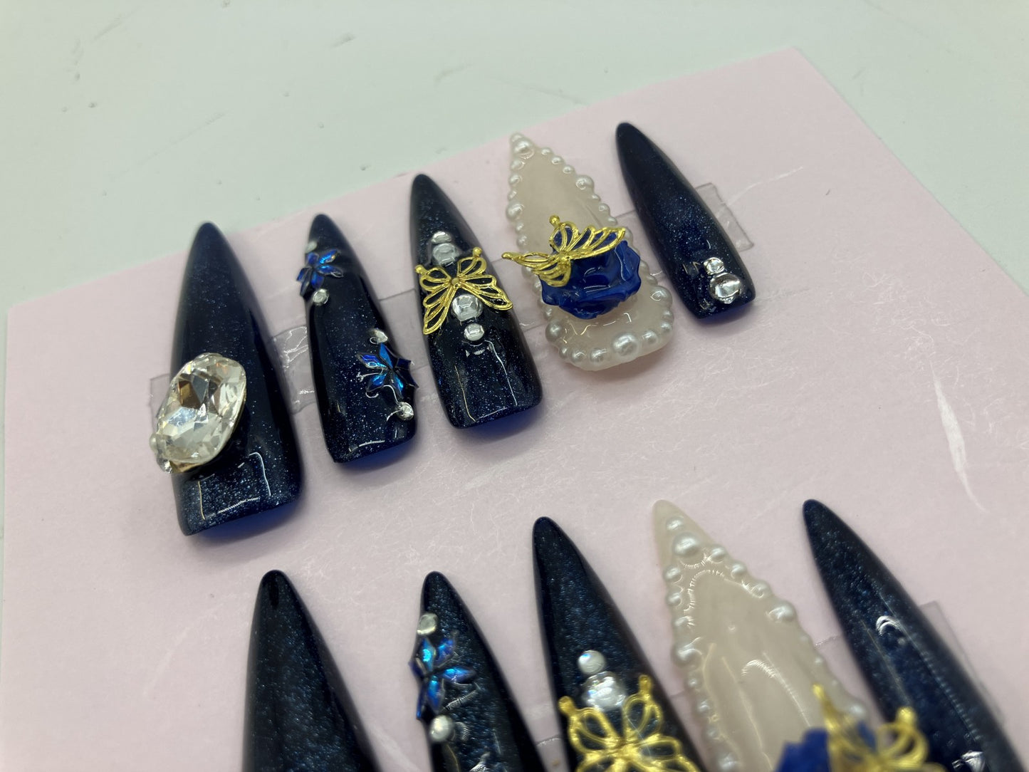 Original Design Japanese Handmade Navy Blue Glitter Gothic Butterfly Rose Press On Nails Long Stiletto 3D Pearl Rhinestone Luxury Nail Tips