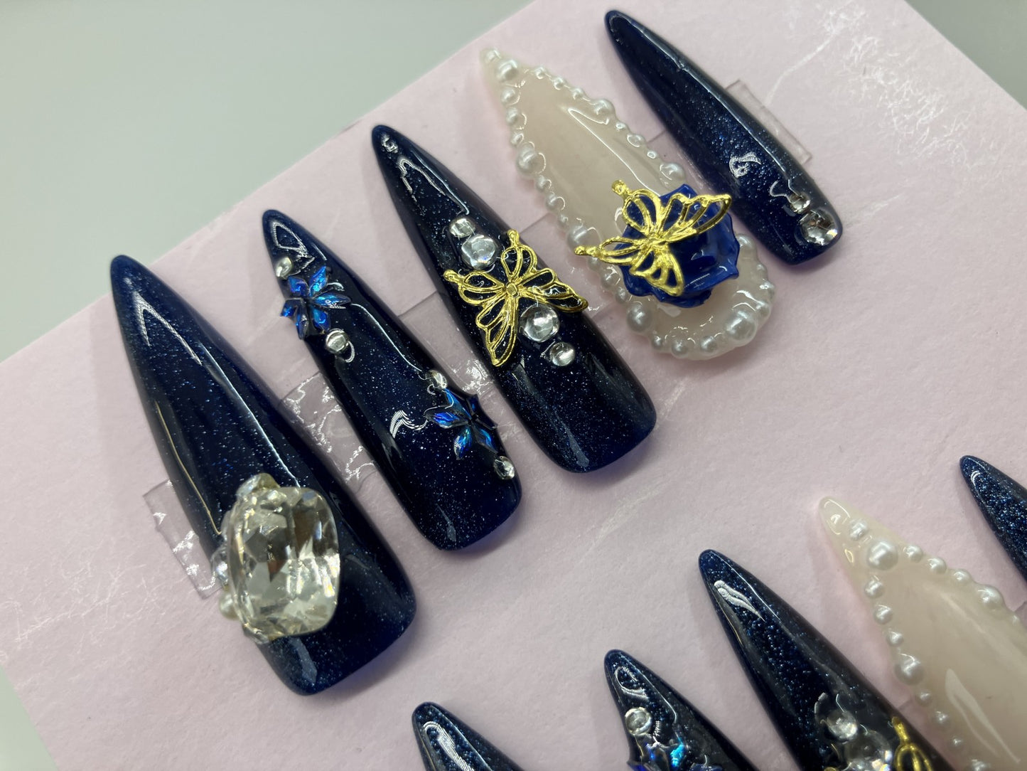 Original Design Japanese Handmade Navy Blue Glitter Gothic Butterfly Rose Press On Nails Long Stiletto 3D Pearl Rhinestone Luxury Nail Tips