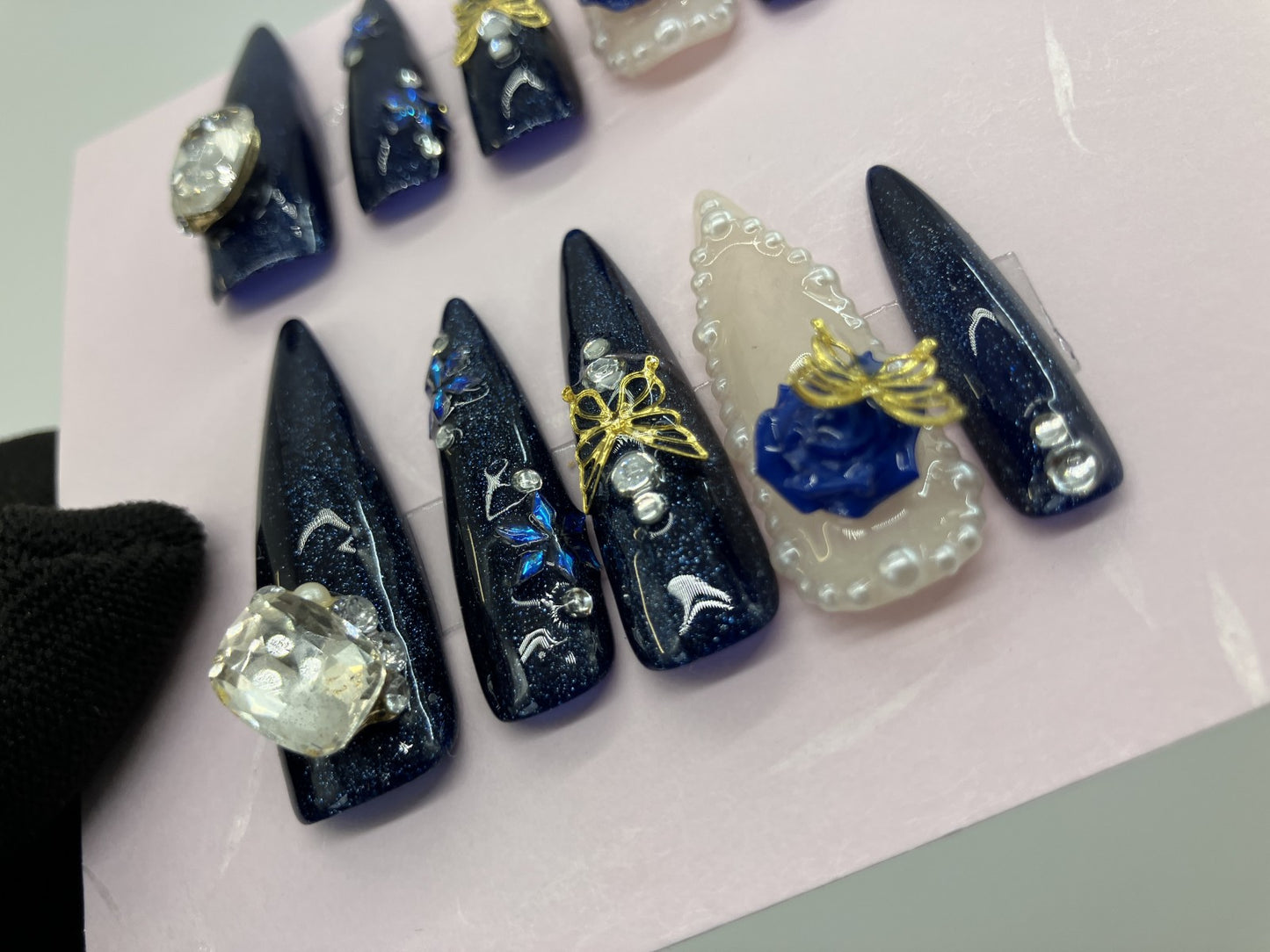 Original Design Japanese Handmade Navy Blue Glitter Gothic Butterfly Rose Press On Nails Long Stiletto 3D Pearl Rhinestone Luxury Nail Tips