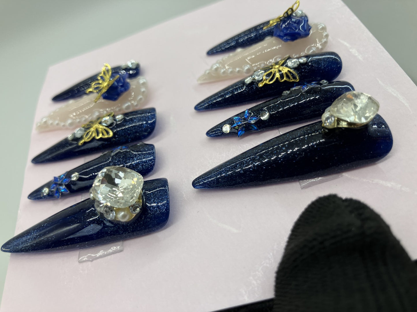 Original Design Japanese Handmade Navy Blue Glitter Gothic Butterfly Rose Press On Nails Long Stiletto 3D Pearl Rhinestone Luxury Nail Tips