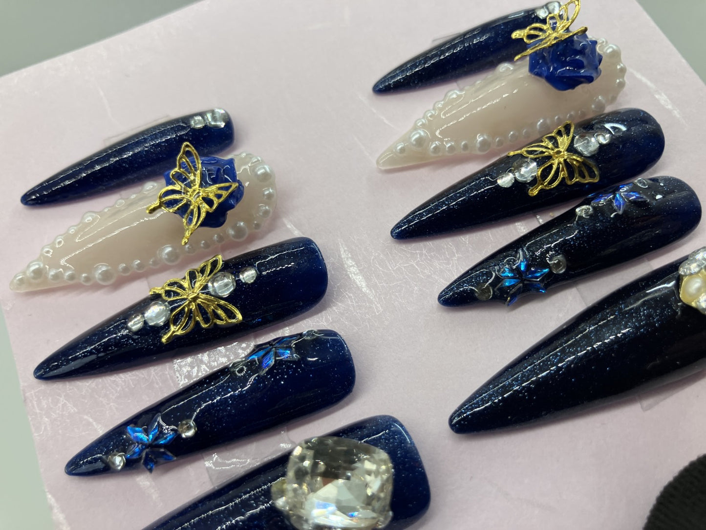 Original Design Japanese Handmade Navy Blue Glitter Gothic Butterfly Rose Press On Nails Long Stiletto 3D Pearl Rhinestone Luxury Nail Tips