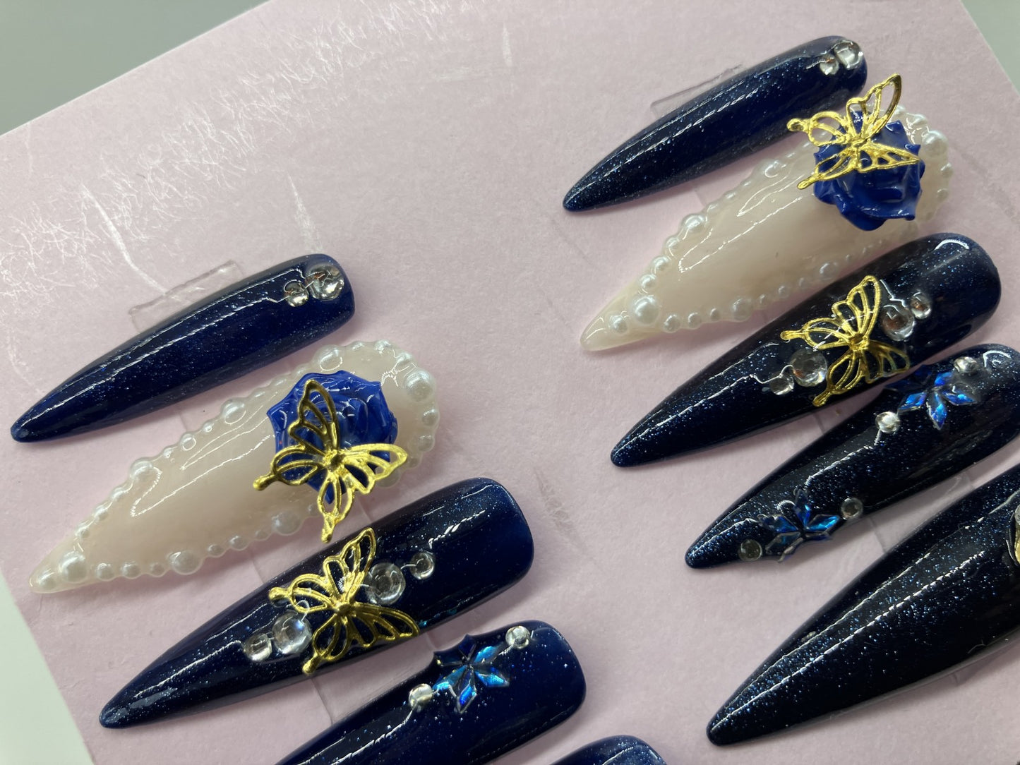 Original Design Japanese Handmade Navy Blue Glitter Gothic Butterfly Rose Press On Nails Long Stiletto 3D Pearl Rhinestone Luxury Nail Tips