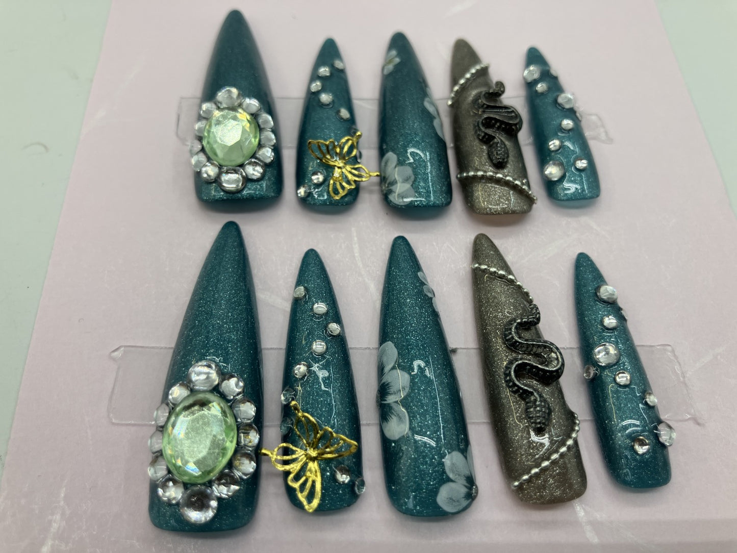 Original Design Japanese Handmade Gothic Snake Butterfly Press On Nails Long Stiletto Everyday Wear Turquoise Green Nail Tips