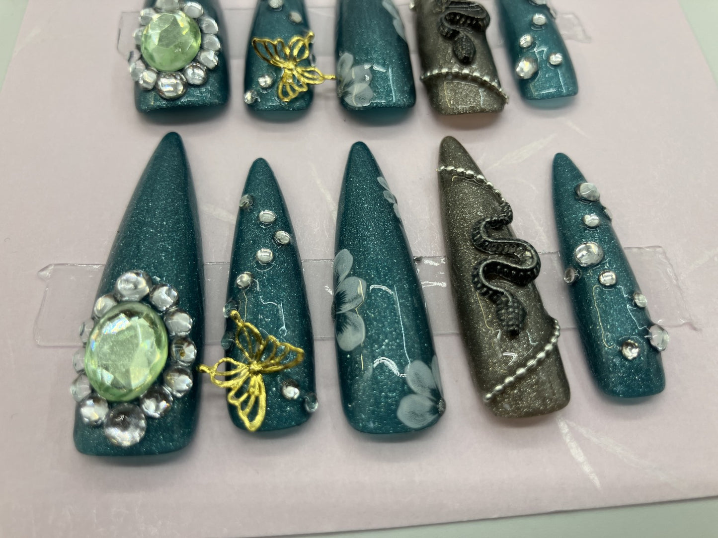 Original Design Japanese Handmade Gothic Snake Butterfly Press On Nails Long Stiletto Everyday Wear Turquoise Green Nail Tips