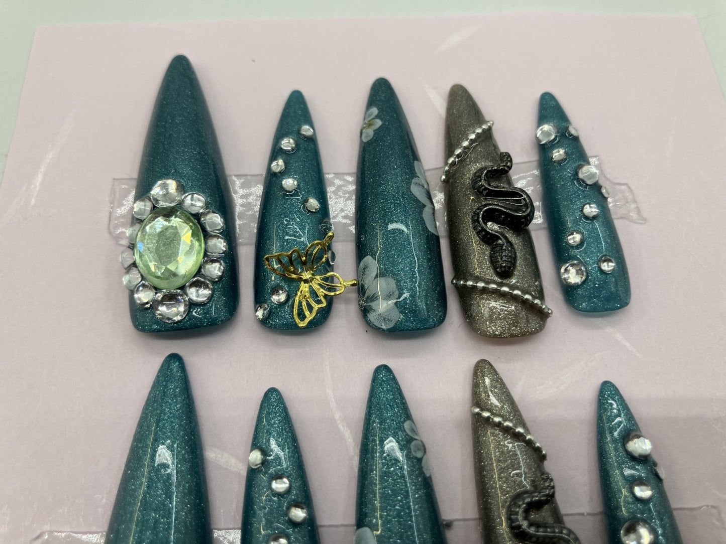 Original Design Japanese Handmade Gothic Snake Butterfly Press On Nails Long Stiletto Everyday Wear Turquoise Green Nail Tips