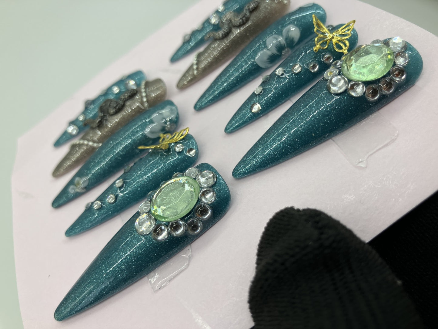 Original Design Japanese Handmade Gothic Snake Butterfly Press On Nails Long Stiletto Everyday Wear Turquoise Green Nail Tips