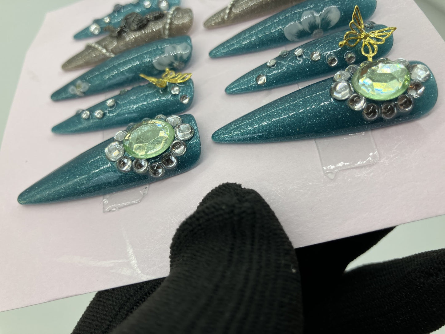 Original Design Japanese Handmade Gothic Snake Butterfly Press On Nails Long Stiletto Everyday Wear Turquoise Green Nail Tips
