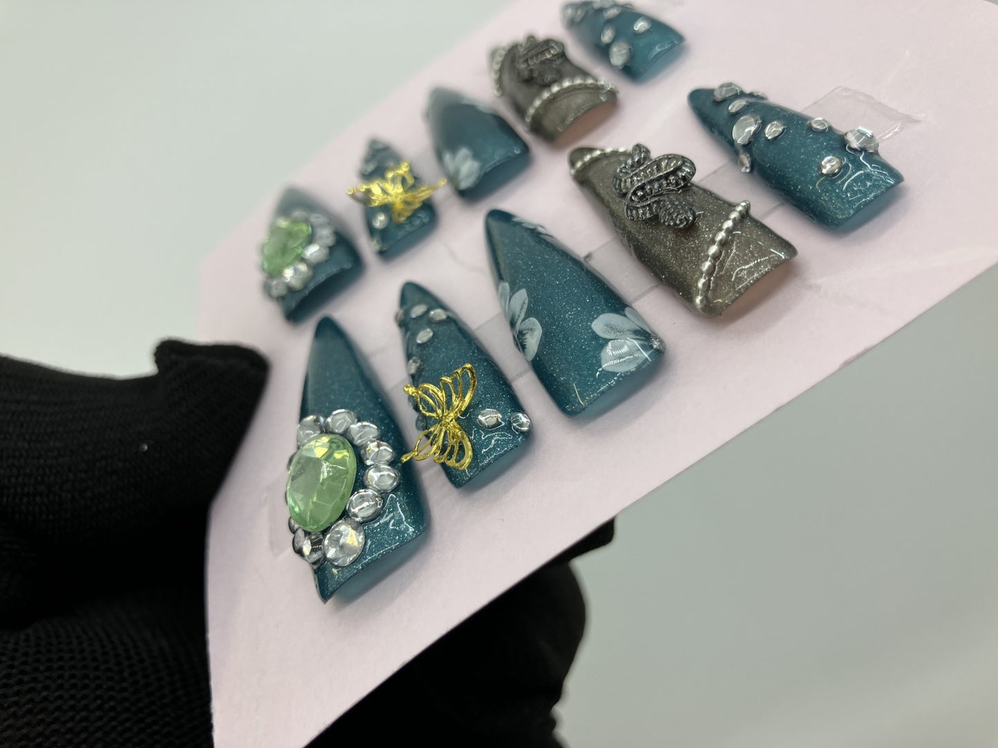 Original Design Japanese Handmade Gothic Snake Butterfly Press On Nails Long Stiletto Everyday Wear Turquoise Green Nail Tips