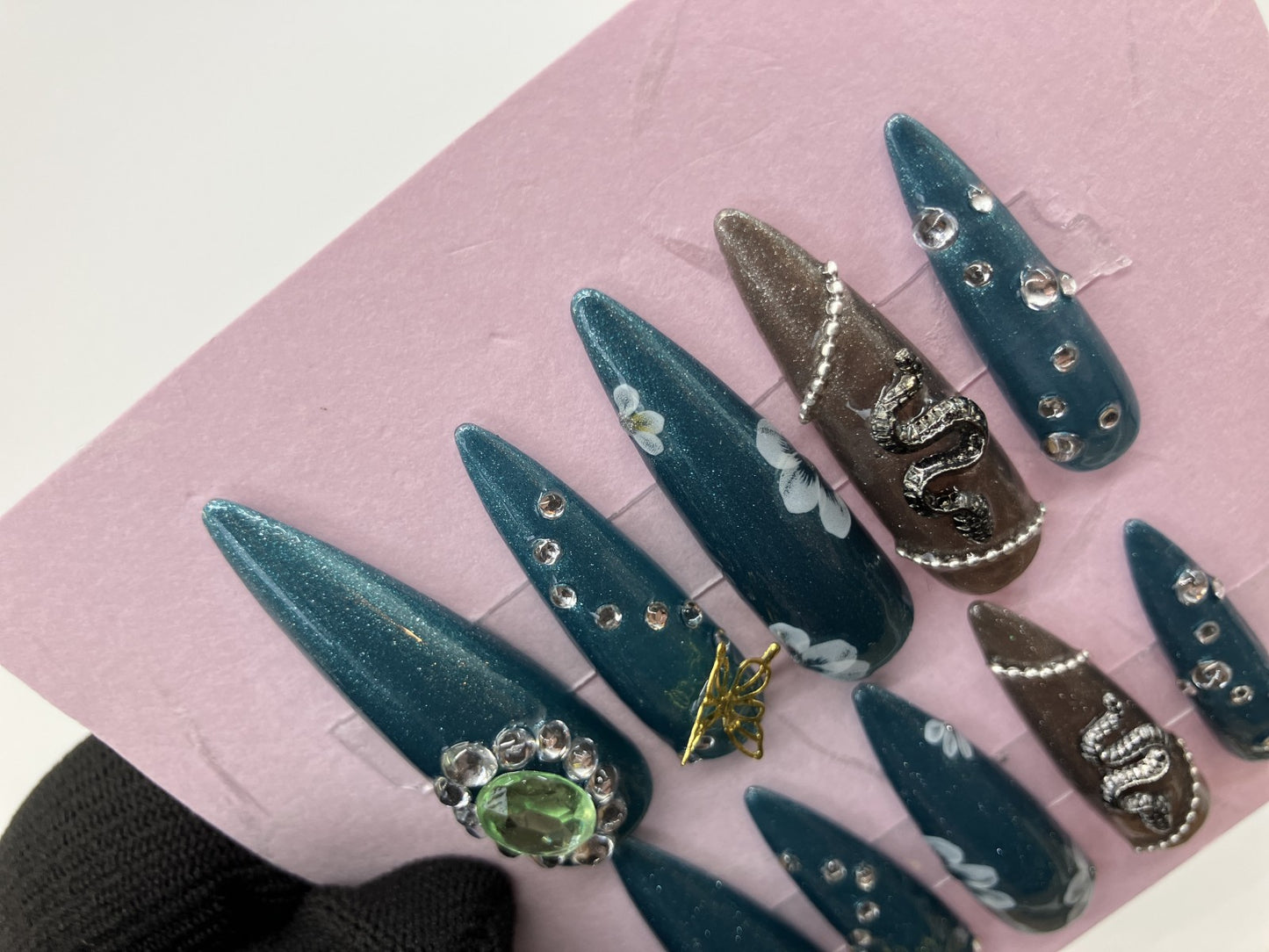 Original Design Japanese Handmade Gothic Snake Butterfly Press On Nails Long Stiletto Everyday Wear Turquoise Green Nail Tips