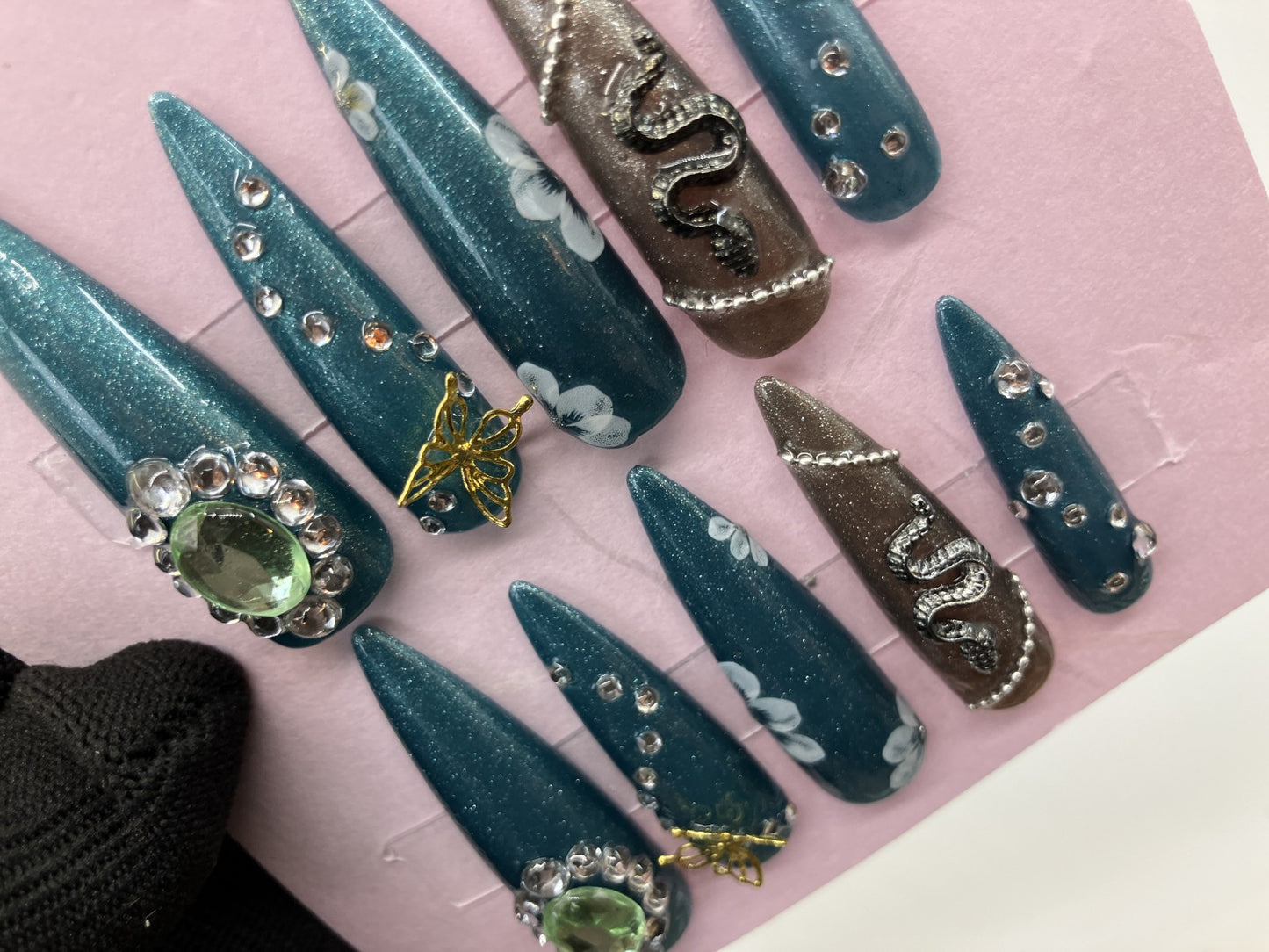 Original Design Japanese Handmade Gothic Snake Butterfly Press On Nails Long Stiletto Everyday Wear Turquoise Green Nail Tips