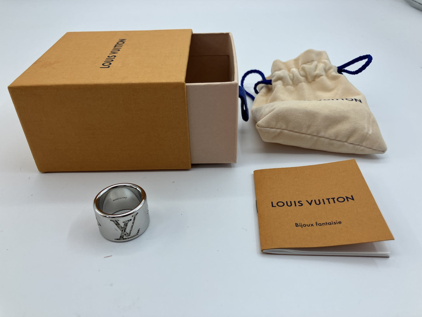 LOUIS VUITTON Monogram Strass Ring M68250 Size M Silver Tone JP19.5 US10 EU60–61 w/Box