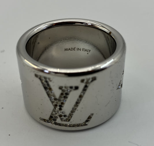 LOUIS VUITTON Monogram Strass Ring M68250 Size M Silver Tone JP19.5 US10 EU60–61 w/Box