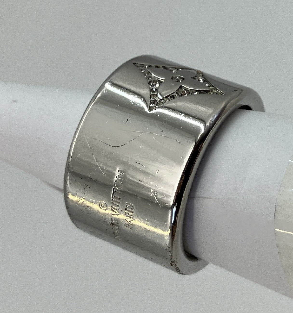 LOUIS VUITTON Monogram Strass Ring M68250 Size M Silver Tone JP19.5 US10 EU60–61 w/Box