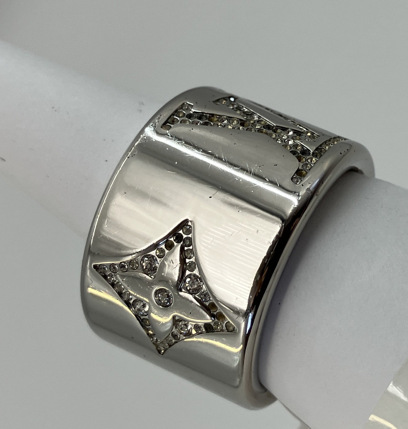 LOUIS VUITTON Monogram Strass Ring M68250 Size M Silver Tone JP19.5 US10 EU60–61 w/Box