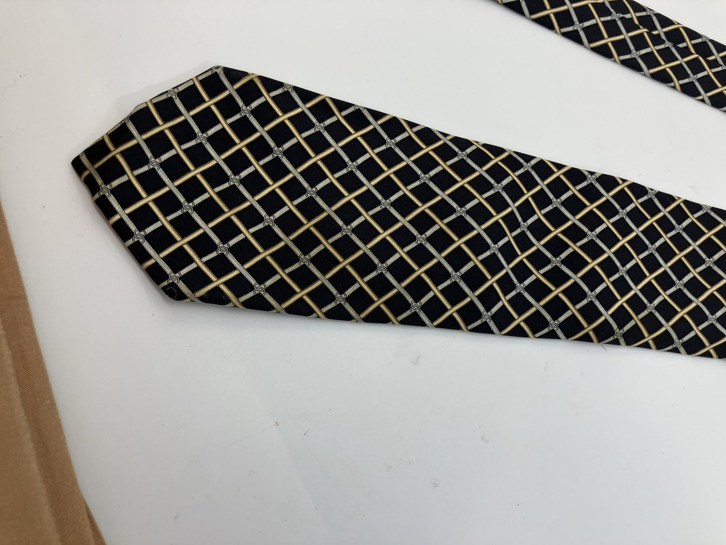 CHANEL Paris 100% Silk Tie Navy Gold Gray Lattice CC Logo Made in Italy