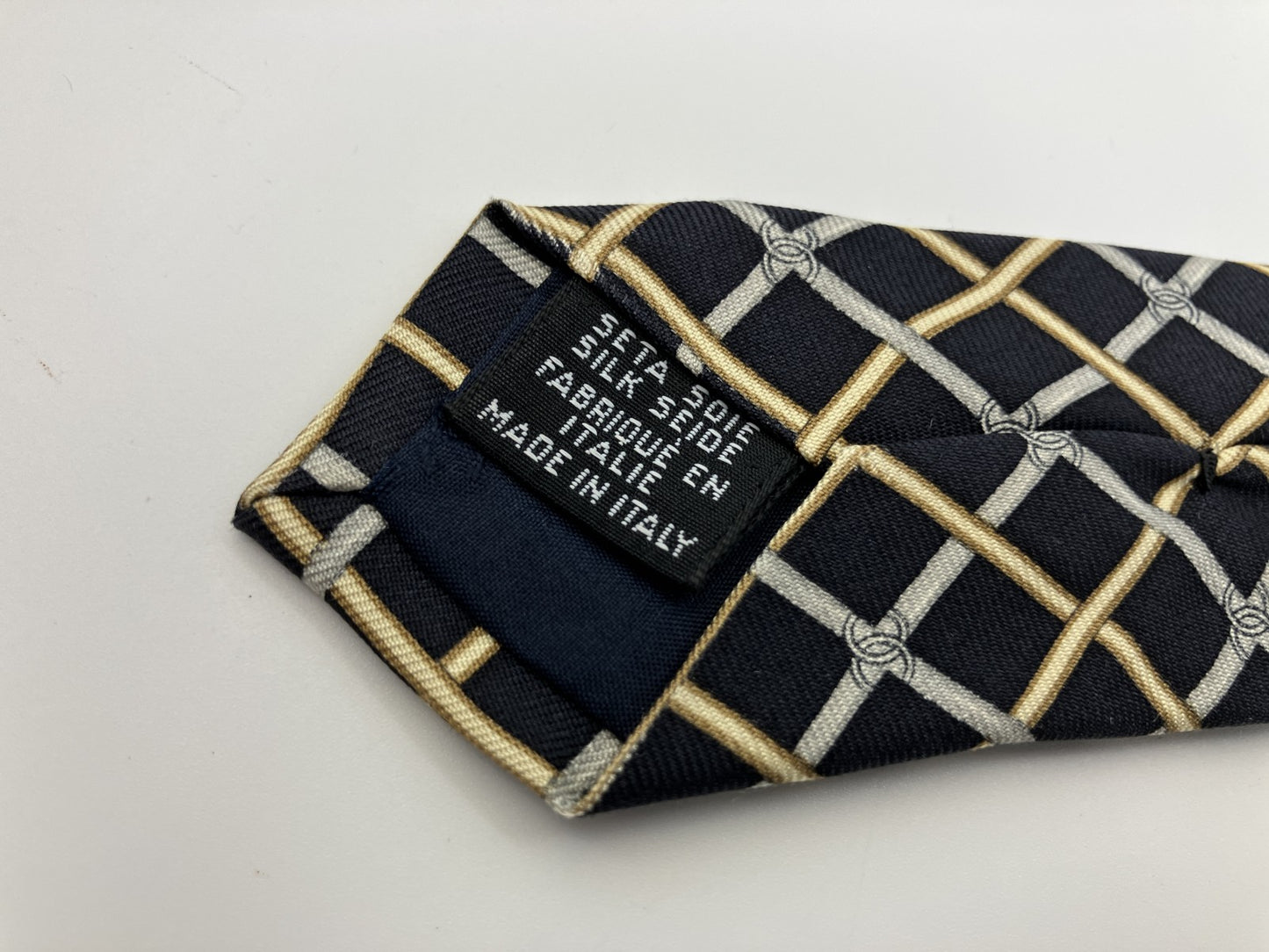CHANEL Paris 100% Silk Tie Navy Gold Gray Lattice CC Logo Made in Italy