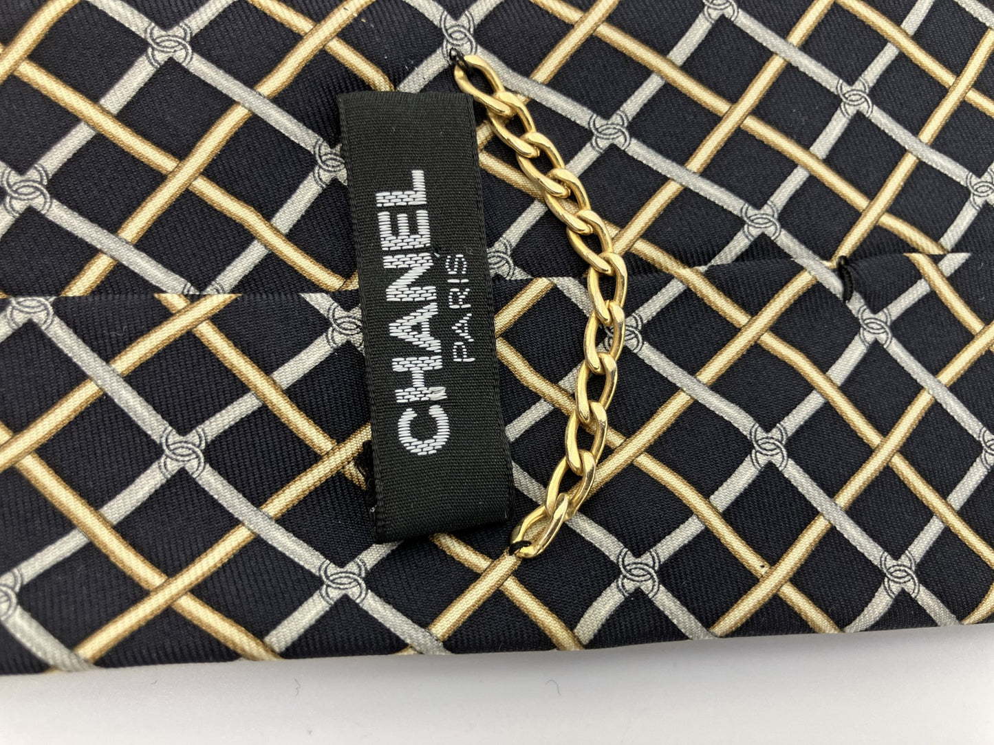 CHANEL Paris 100% Silk Tie Navy Gold Gray Lattice CC Logo Made in Italy