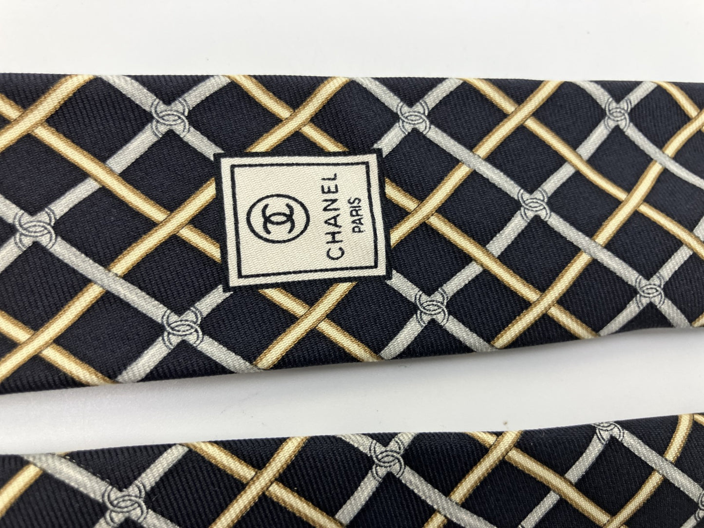 CHANEL Paris 100% Silk Tie Navy Gold Gray Lattice CC Logo Made in Italy