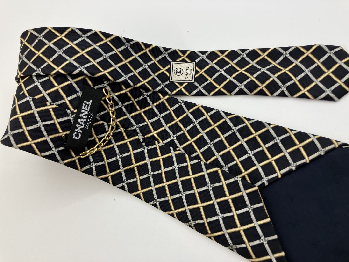 CHANEL Paris 100% Silk Tie Navy Gold Gray Lattice CC Logo Made in Italy