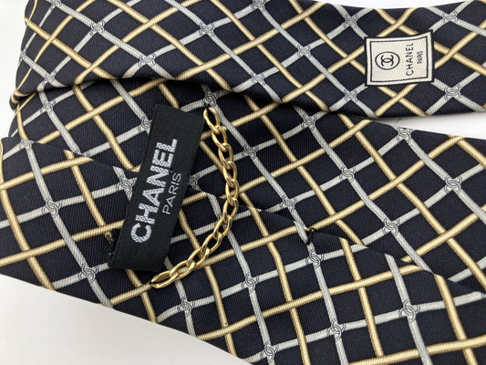 CHANEL Paris 100% Silk Tie Navy Gold Gray Lattice CC Logo Made in Italy
