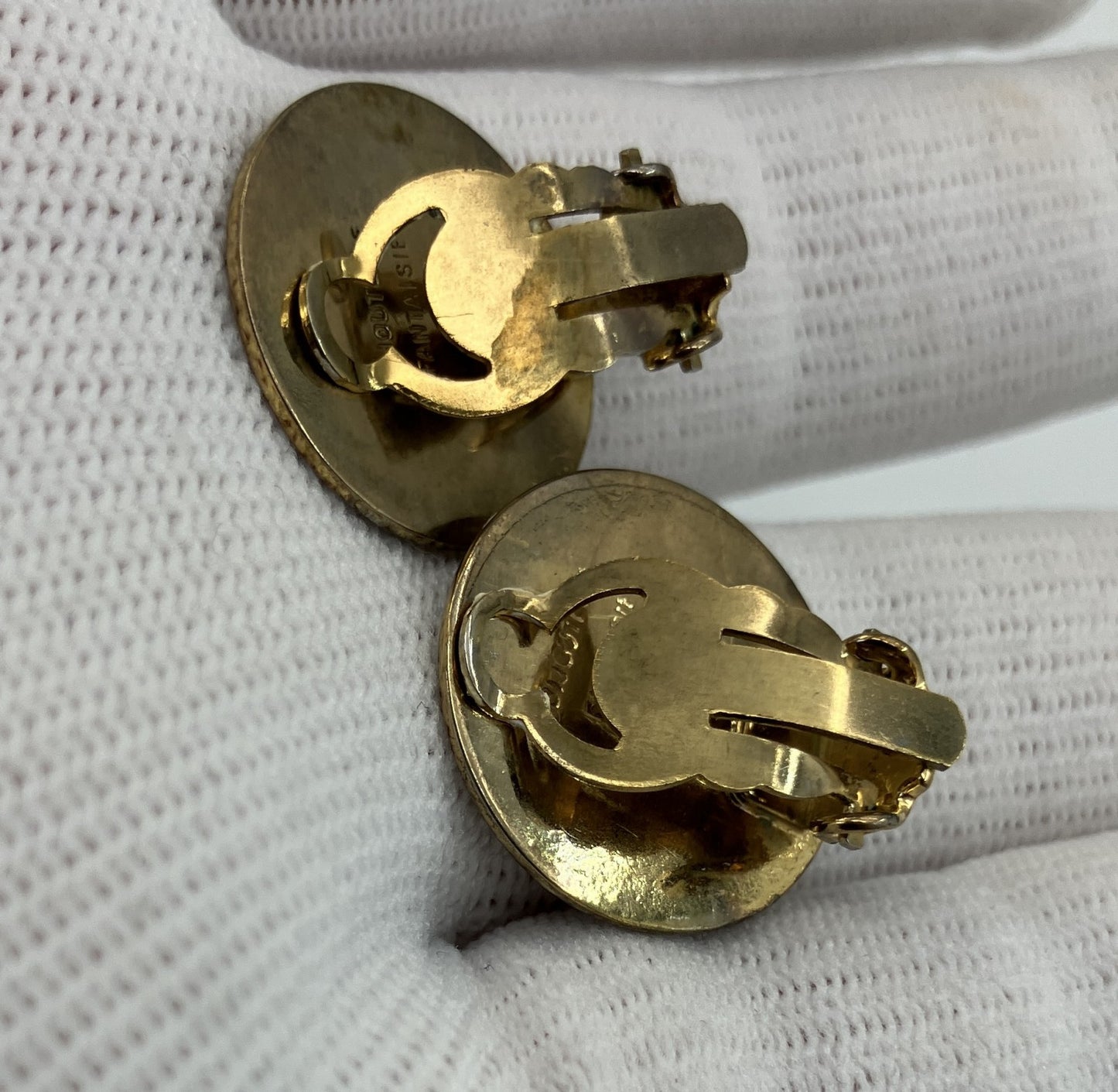 HERMES Sellier Clip-On Earrings Gold Tone Round Logo 20mm Bijouterie Fantaisie