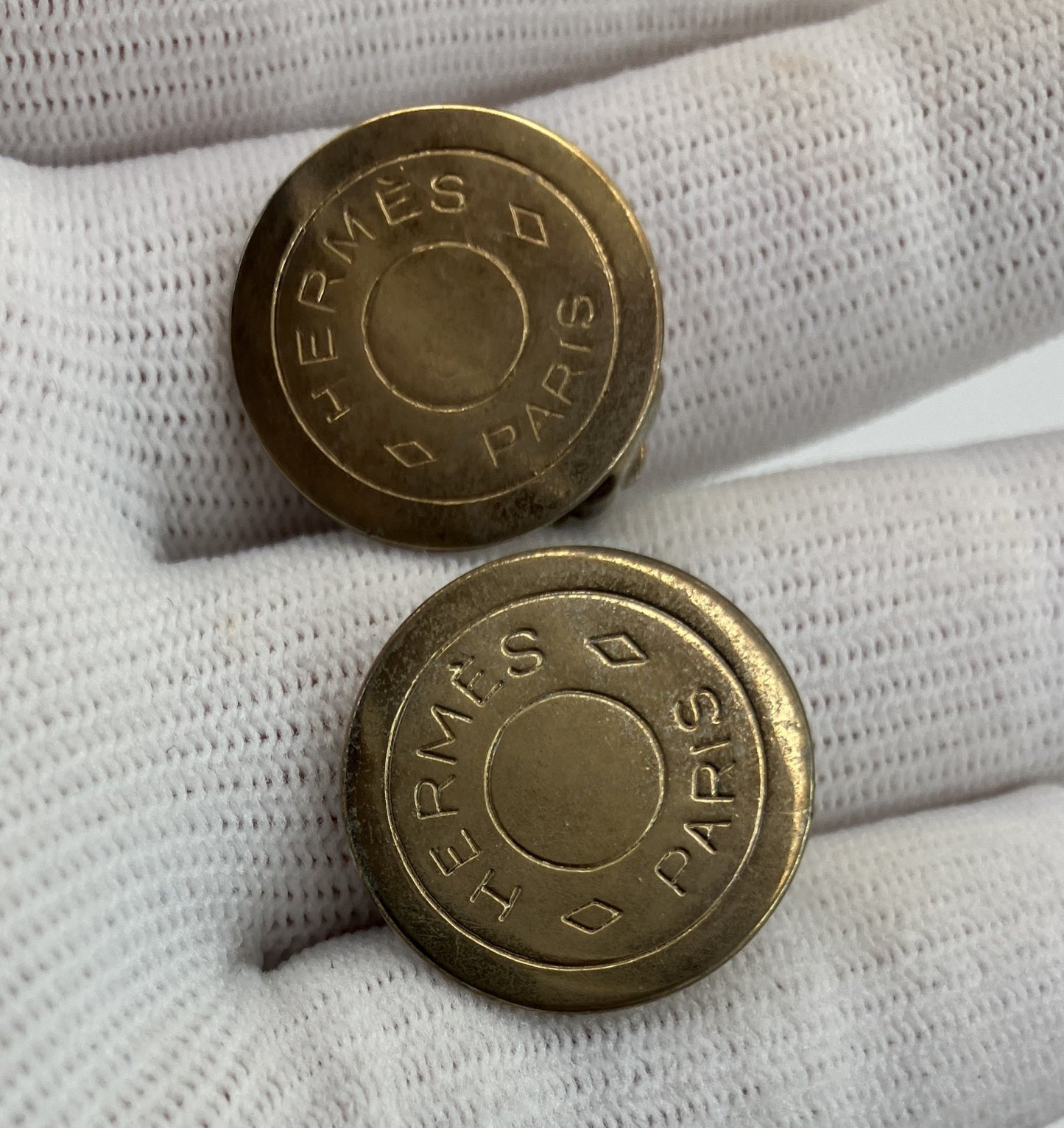 HERMES Sellier Clip-On Earrings Gold Tone Round Logo 20mm Bijouterie Fantaisie