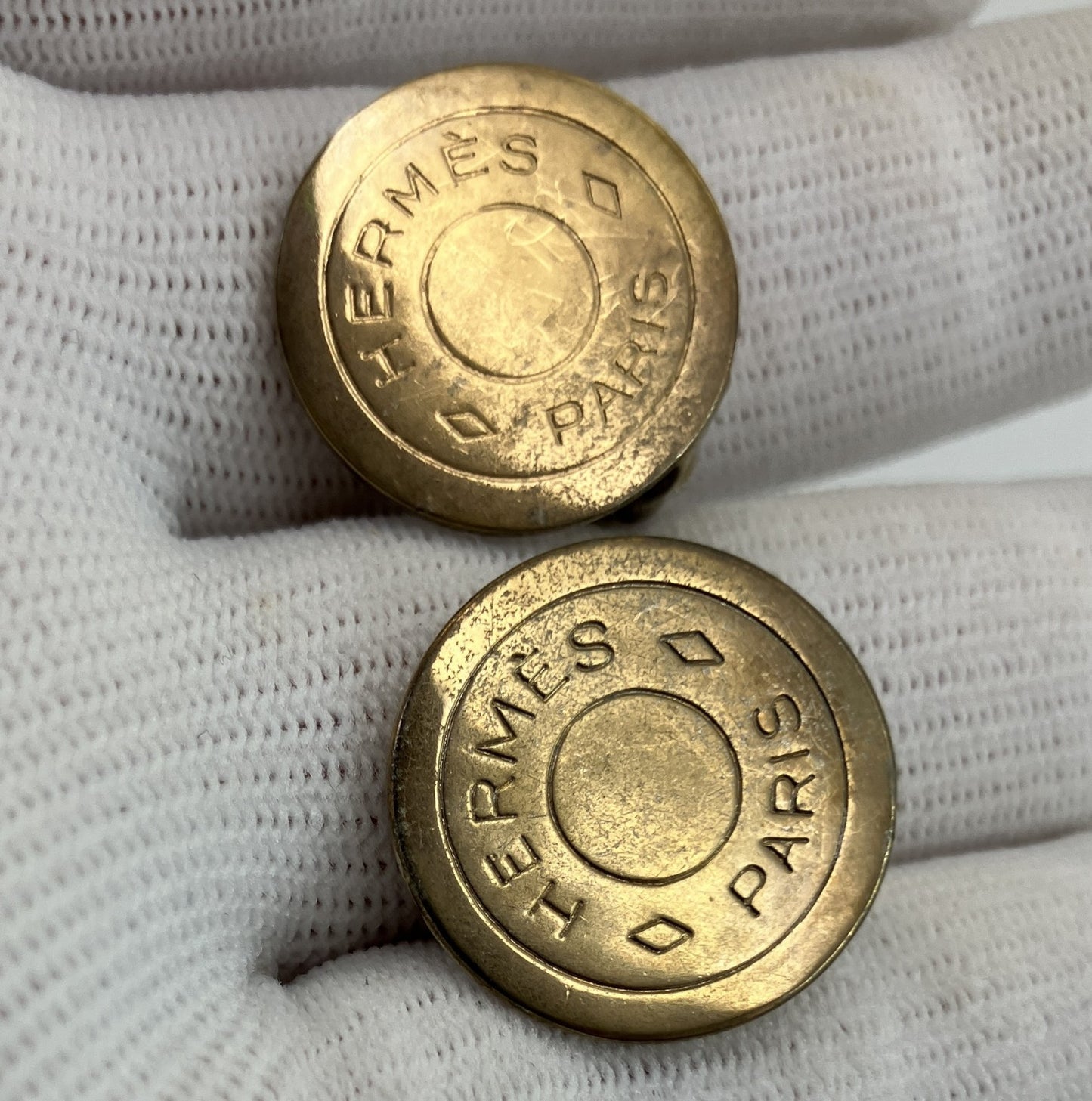 HERMES Sellier Clip-On Earrings Gold Tone Round Logo 20mm Bijouterie Fantaisie