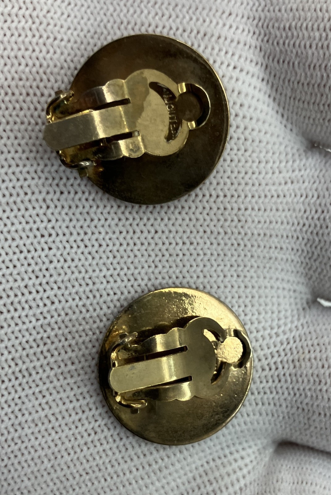 HERMES Sellier Clip-On Earrings Gold Tone Round Logo 20mm Bijouterie Fantaisie