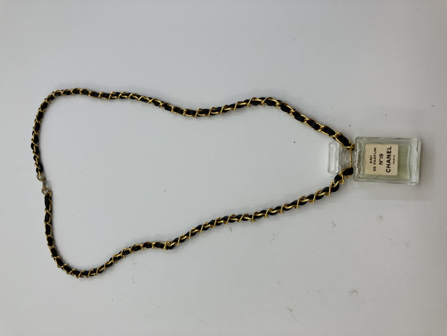CHANEL No.19 Perfume Bottle Charm Necklace Black Leather Gold Chain around 27.6" 80% off perfume