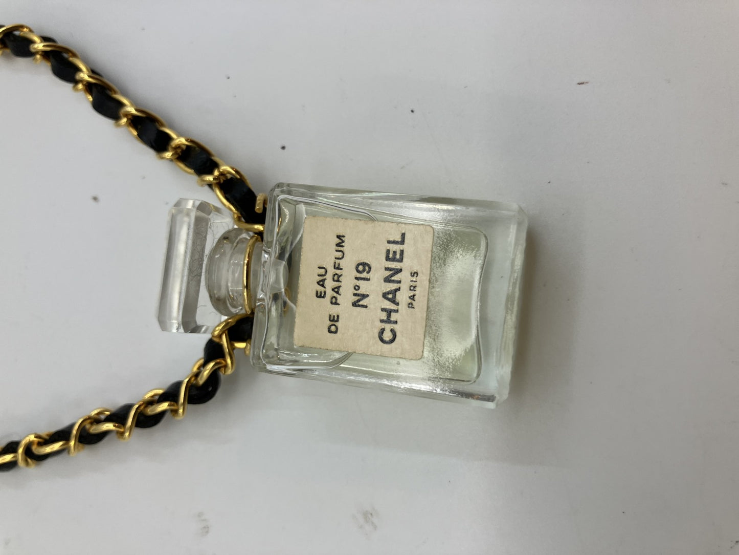 CHANEL No.19 Perfume Bottle Charm Necklace Black Leather Gold Chain around 27.6" 80% off perfume