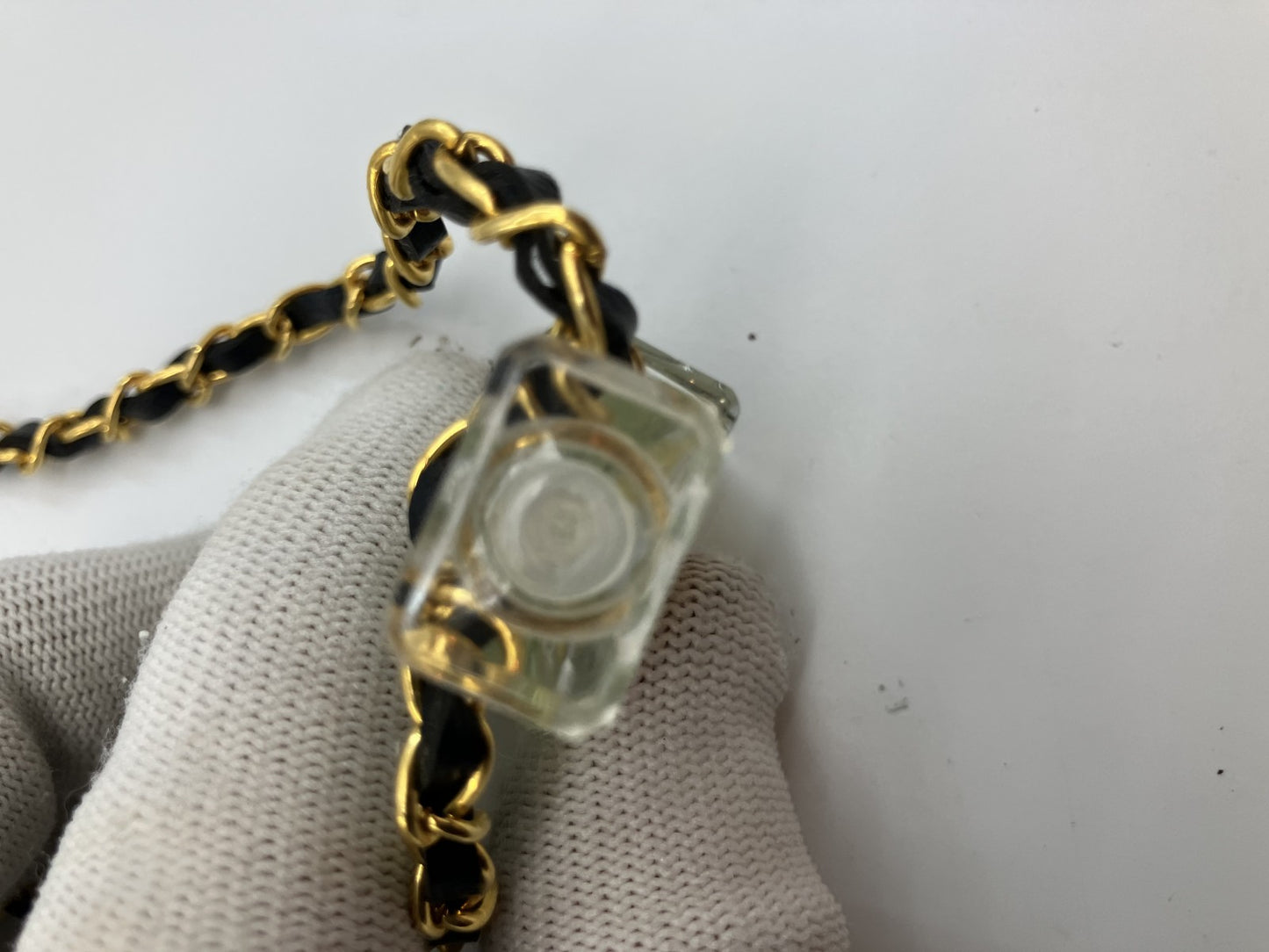 CHANEL No.19 Perfume Bottle Charm Necklace Black Leather Gold Chain around 27.6" 80% off perfume