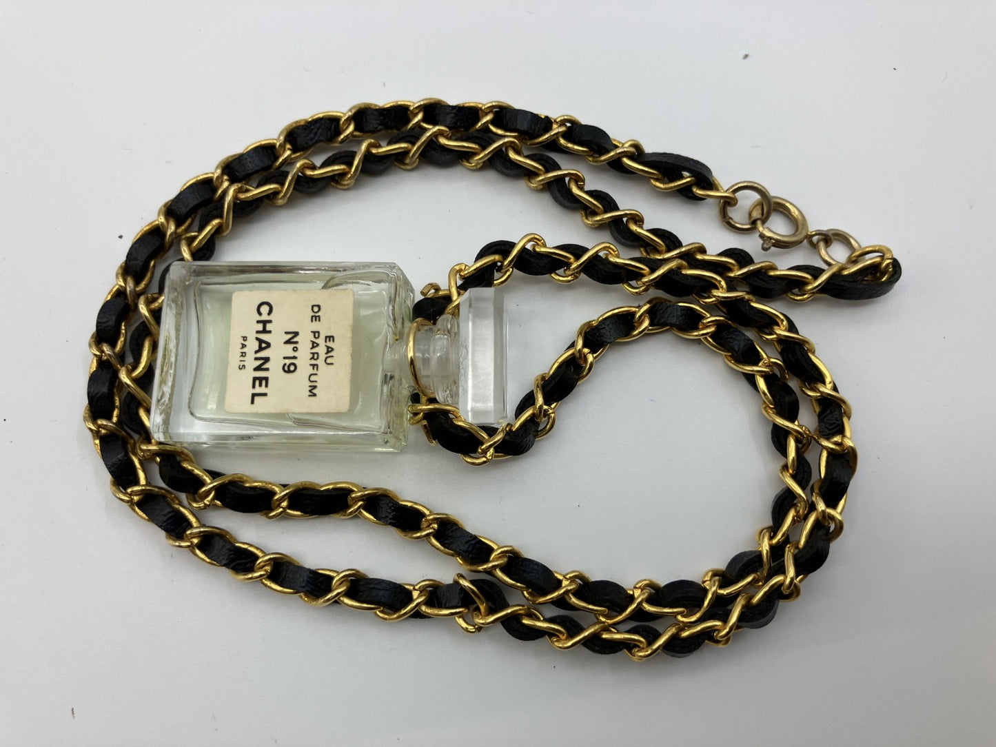 CHANEL No.19 Perfume Bottle Charm Necklace Black Leather Gold Chain around 27.6" 80% off perfume