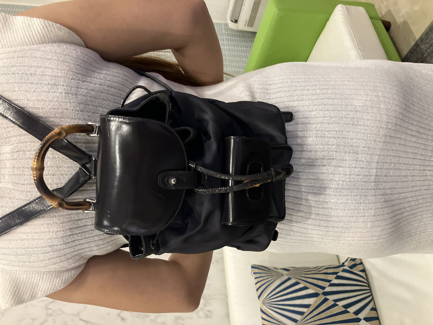 GUCCI Bamboo Backpack Black Nylon Leather Drawstring Bag Vintage