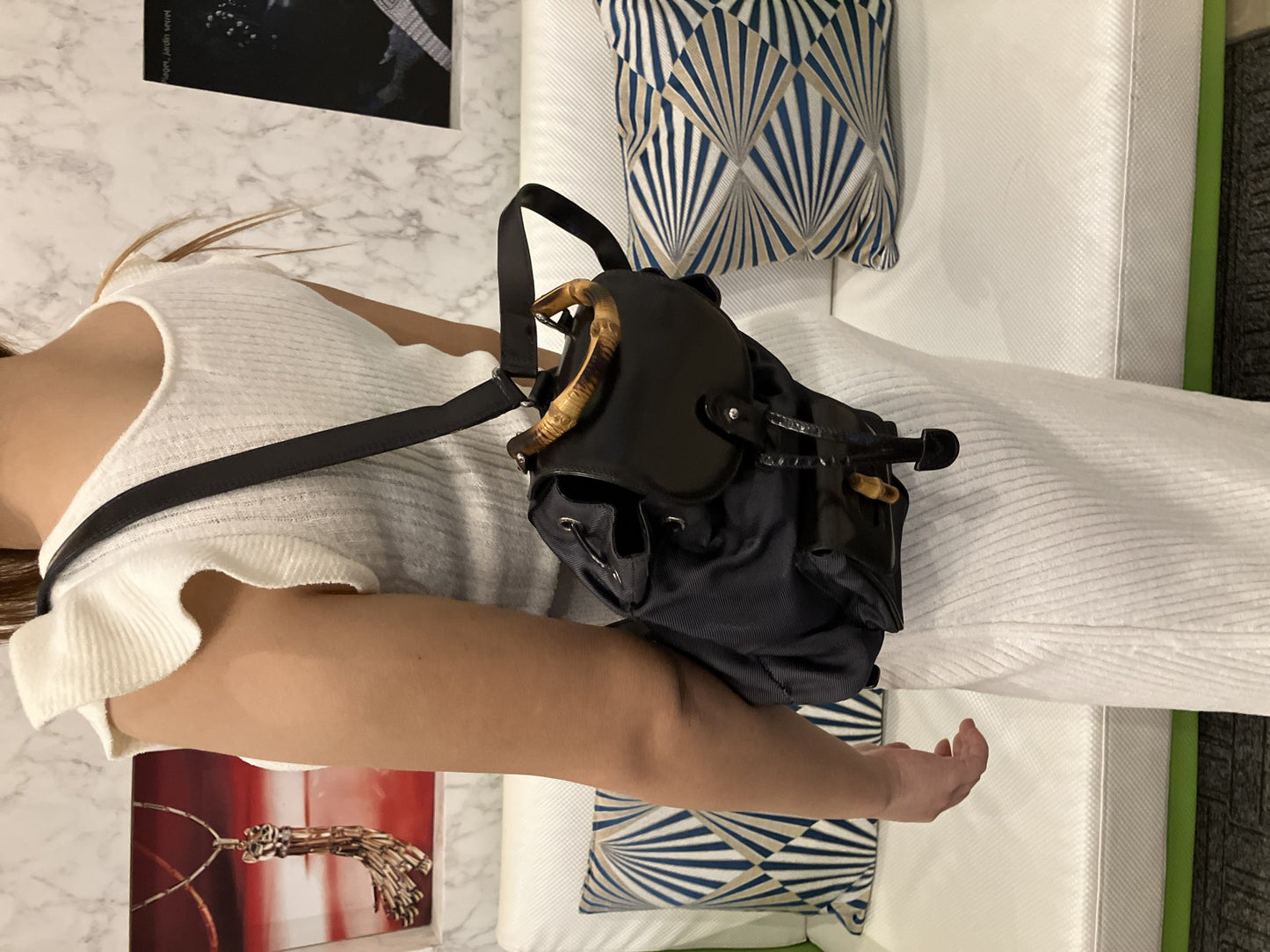 GUCCI Bamboo Backpack Black Nylon Leather Drawstring Bag Vintage