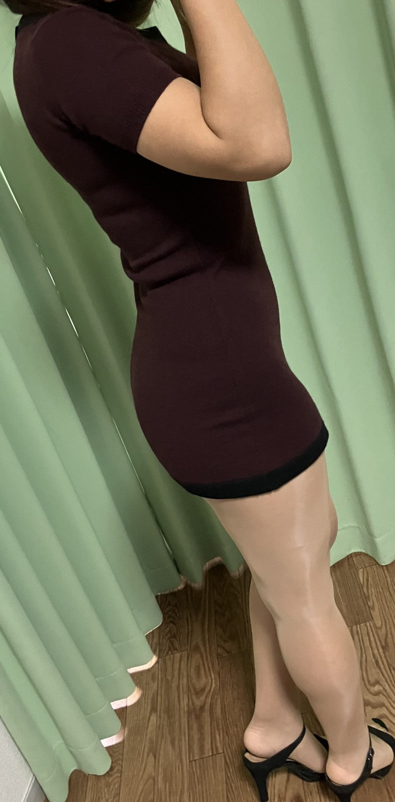 CHANEL Cashmere Knit Dress Burgundy ﾃ・Black